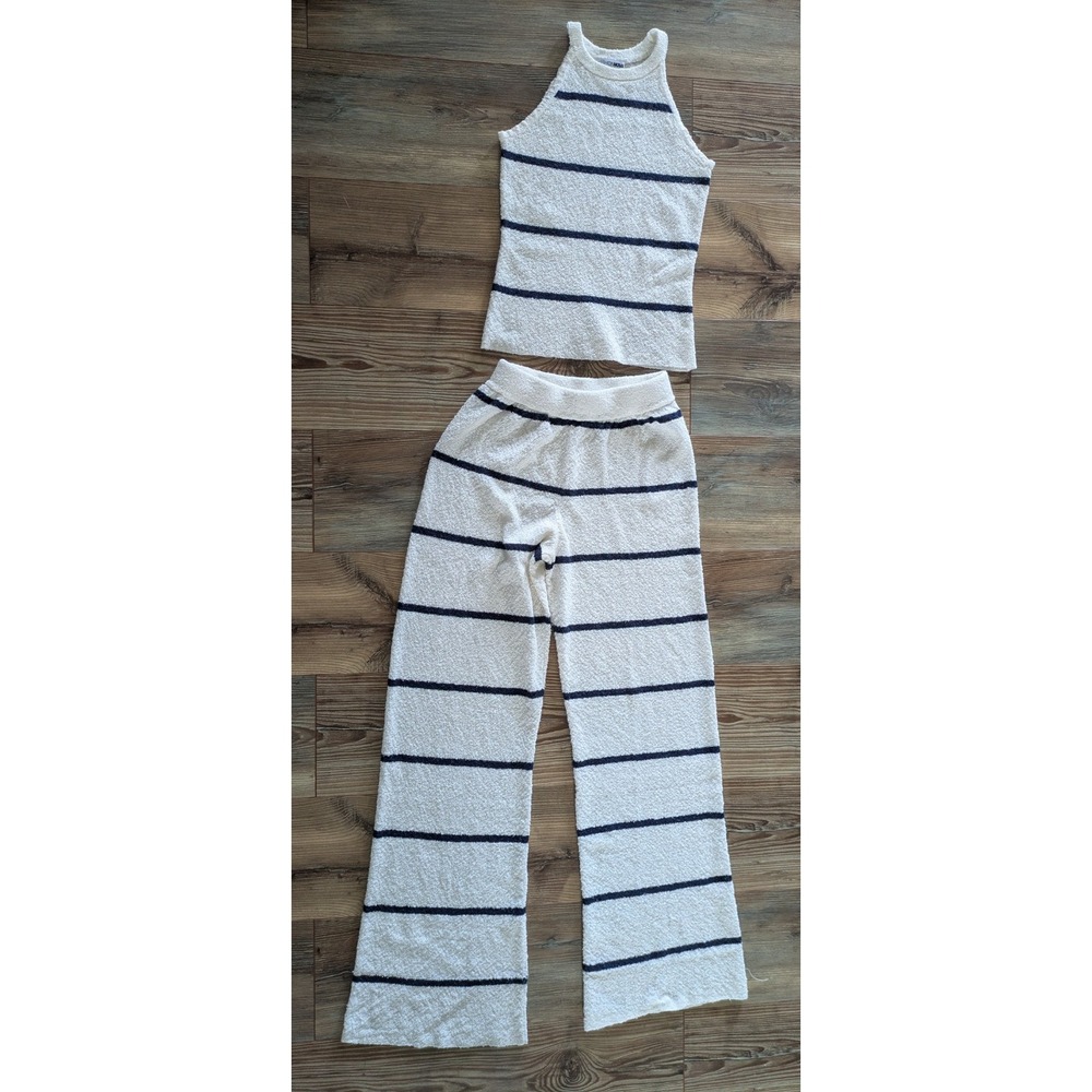 Fashion Nova 2 Piece White & Navy Blue Striped Knit Tank Top & Pants Set Small
